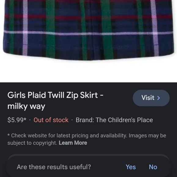 Girls Plaid Twill Zip-Milk way Size 10 - Picture 7 of 7